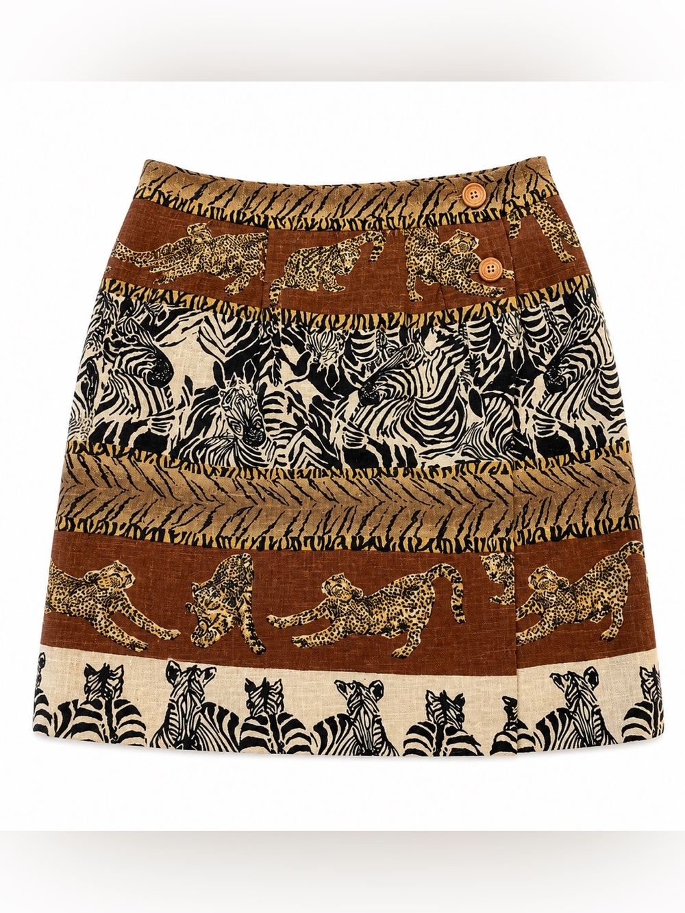 Animal-Pattern Safari Mini Skirt in Brown, Black & Cream